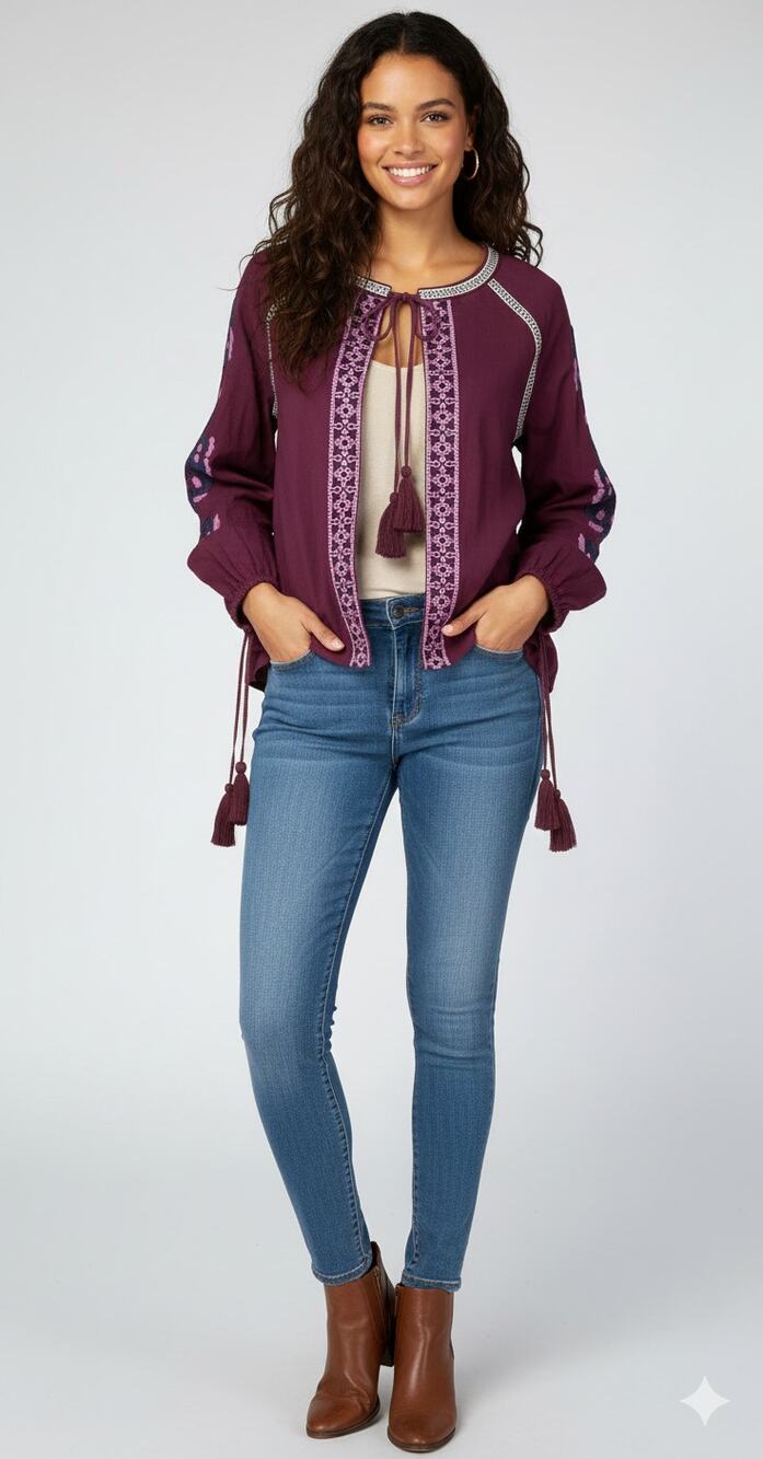 River Island Cardigan Embroidered Purple Womens Size Medium Tassel Cotton Boho